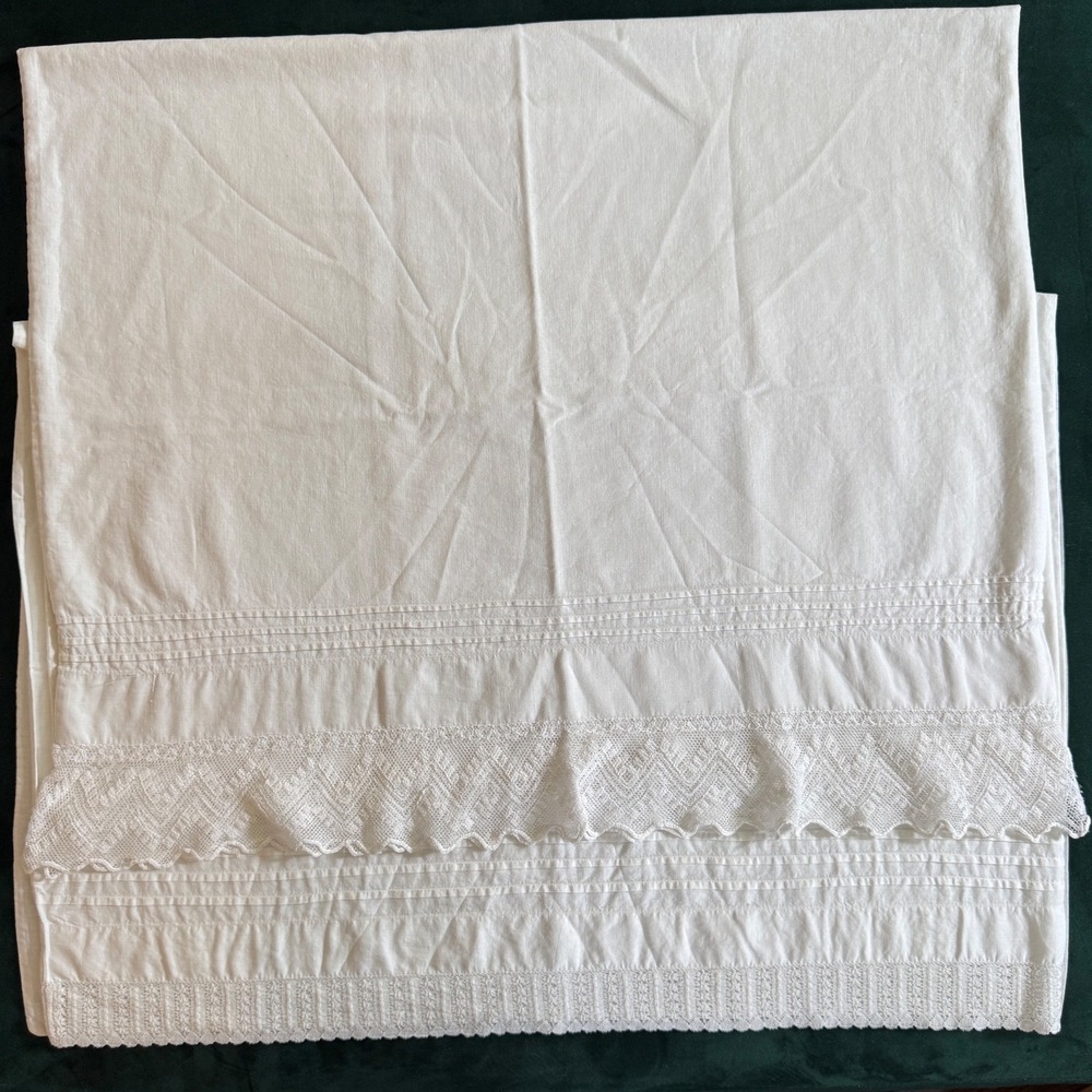 Vintage White Cotton Pillowcase Lace Trim Pin Tucks Farmhouse Bedding 22x35